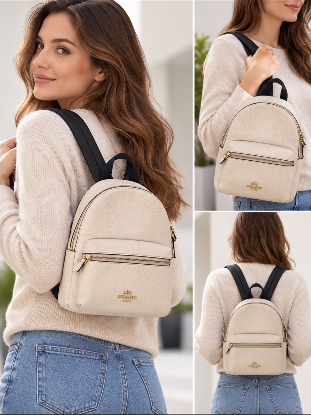 Coach Chalk Pebbled Leather Mini Backpack with Black Straps